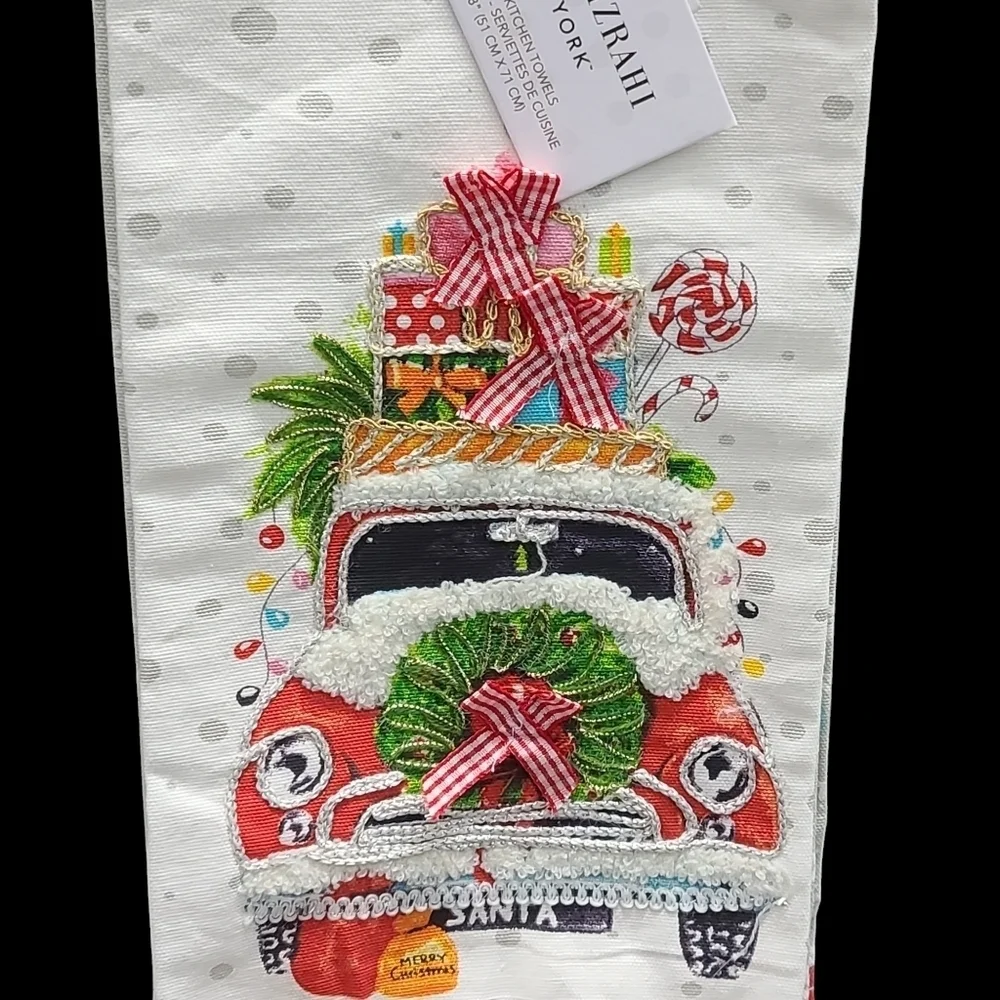 x2 Isaac Mizrahi Embellished 3D Christmas Red Truck Kitchen Towel Set New
